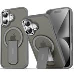 GGM GİYİM & AKSESUAR iPhone 16 için Magsafe ile Uyumlu Arkası Mat Yapıya Metal Kamera Çerçeveli Ultra Güçlendirilmiş Açılır Stantlı Tork Kılıf (Gri)