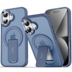 GGM GİYİM & AKSESUAR iPhone 16 için Magsafe ile Uyumlu Arkası Mat Yapıya Metal Kamera Çerçeveli Ultra Güçlendirilmiş Açılır Stantlı Tork Kılıf (Lacivert)