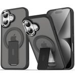 GGM GİYİM & AKSESUAR iPhone 16 için Magsafe ile Uyumlu Arkası Mat Yapıya Metal Kamera Çerçeveli Ultra Güçlendirilmiş Açılır Stantlı Tork Kılıf (Siyah)