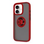 GGM GİYİM & AKSESUAR iPhone 16 ile Uyumlu Arka Kısmı Mat Şeffaf Yapıya Sahip Manyetik Yüzük Stantlı Kenarları Silikon Tpu Malzemeden Üretilmiş Renkli Tuşlara Kamera Korumalı Transparan Kılıf (Kırmızı)