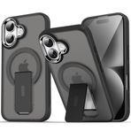 GGM GİYİM & AKSESUAR iPhone 16 Plus için Magsafe ile Uyumlu Arkası Mat Yapıya Metal Kamera Çerçeveli Ultra Güçlendirilmiş Açılır Stantlı Tork Kılıf (Siyah)