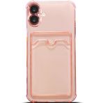 GGM GİYİM & AKSESUAR iPhone 16 Plus ile Uyumlu Şeffaf Yapıya Sahip Arka Ksımında Kartlık Bölmeli Kolay Kullanım Sağlayan Telefon Kılıfı (Pembe)