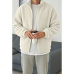 Ghassy Co. Erkek Isı Termal Iç Dış Sherpa Sonbahar Kış Tam Fermuarlı Peluş Polar Sweatshirt - Ekru