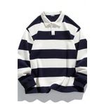 Ghassy Co. Erkek London Çizgili Şeritli Pamuklu İçi Polarlı Polo Yaka Sweatshirt LACİVERT S