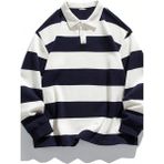 Ghassy Co. Erkek London Çizgili Şeritli Pamuklu Içi Polarlı Polo Yaka Sweatshirt - Lacivert