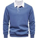 Ghassy Co. Erkek Retro Renk Bloklu Pamuklu Gömlek Yaka Sweatshirt - Mavi