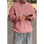 Ghassy Co. Erkek Ultra Isı Peluş Sherpa Oversize Yarım Metal Fermuar Lastik Ayarlı Polar Sweatshirt - Pembe