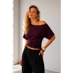 Ghassy Co. Kadın Düşük Omuz Pamuklu Likralı Yarasa Kol Bluz Günlük Modern Tasarım Spor T-Shirt - 2XL - Bordo