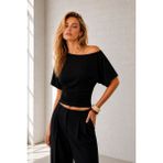 Ghassy Co. Kadın Düşük Omuz Pamuklu Likralı Yarasa Kol Bluz Günlük Modern Tasarım Spor T-Shirt - XL - Siyah