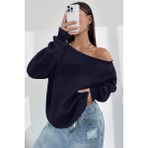 Ghassy Co. Kadın Kayık Yaka %100 Cotton 3 Iplik Şardonlu Termal Kışlık Spor Üst Model Sweatshirt - 2XL - Lacivert
