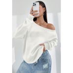 Ghassy Co. Kadın Kayık Yaka %100 Cotton 3 Iplik Şardonlu Termal Kışlık Spor Üst Model Sweatshirt - Beyaz