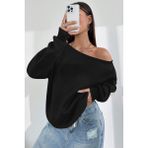 Ghassy Co. Kadın Kayık Yaka %100 Cotton 3 Iplik Şardonlu Termal Kışlık Spor Üst Model Sweatshirt - Siyah