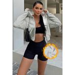 Ghassy Co. Kadın Pamuklu Crop Model Kanguru Cepli Kapüşonlu Crop Spor Sweatshirt GRİ