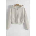 Ghassy Co. Kadın Pamuklu Crop Model Kanguru Cepli Sonbahar ve Ilkbahar Kapüşonlu Crop Sweatshirt - Ekru
