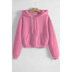 Ghassy Co. Kadın Pamuklu Crop Model Kanguru Cepli Sonbahar ve Ilkbahar Kapüşonlu Crop Sweatshirt - Pembe