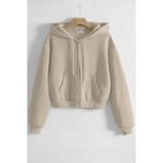 Ghassy Co. Kadın Pamuklu Crop Model Kanguru Cepli Sonbahar ve Ilkbahar Kapüşonlu Crop Sweatshirt - Taş - XL
