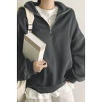 Ghassy Co. Kadın Pamuklu Oversize Silver Yarım Fermuarlı Sweatshirt - 2XL - Füme