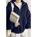 Ghassy Co. Kadın Pamuklu Oversize Silver Yarım Fermuarlı Sweatshirt - 2XL - Lacivert