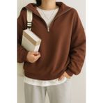 Ghassy Co. Kadın Pamuklu Oversize Silver Yarım Fermuarlı Sweatshirt KAHVE