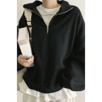 Ghassy Co. Kadın Pamuklu Oversize Silver Yarım Fermuarlı Sweatshirt SİYAH