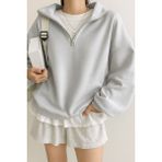 Ghassy Co. Kadın Pamuklu Oversize Silver Yarım Fermuarlı Sweatshirt - XL - Gri Melanj