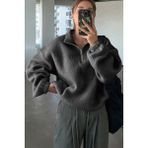 Ghassy Co. Kadın Ultra Isı Peluş Sherpa Oversize Yarım Metal Fermuar Lastik Ayarlı Polar Sweatshirt - Füme
