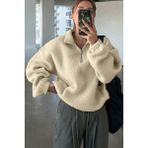 Ghassy Co. Kadın Ultra Isı Peluş Sherpa Oversize Yarım Metal Fermuar Lastik Ayarlı Polar Sweatshirt - Taş