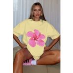 GIA - ART Kadın Sarı Oversize Tişört – Pembe Çiçek Baskılı %100 Pamuk Yazlık Rahat Kalıp