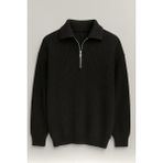 Gibson Oversize Yarım Fermuar Gömlek Polo Yaka Selanik Örme Erkek Triko Kazak - Siyah - XL