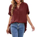Gibz Babydoll Wine Red V Yaka Kısa Kollu Bol Kesim Kadın T-shirt
