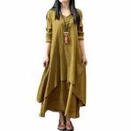 Gibz Vintage Yellow V Yaka Uzun Kollu Çift Katmanlı Kadın Keten Elbise
