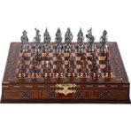 GiftHome Büyük Boy Metal Osmanlı Bizans Satranç Takımı Antik ve El Yapımı Masif Ahşap Sandıklı Satranç Tahtası(38X38X6,5 cm.)