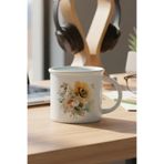 giftkonsept Ayçiçekleri Sonbahar Teması No:3 Baskılı Enamel Görünümlü Seramik Vintage Kupa Bardak, QBV8172