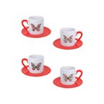 giftkonsept Çiçek Ve Kelebek Temalı Baskılı Kırmızı 4'lü Porselen Türk Kahvesi Fincan Takımı, QBTK5912
