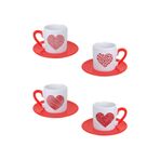 giftkonsept Kalp Şekilleri Baskılı Kırmızı 4'lü Porselen Türk Kahvesi Fincan Takımı, QBTK5865