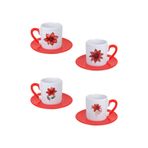giftkonsept Kırmızı Çiçekler Baskılı Kırmızı Kulplu 4'lü Porselen Türk Kahvesi Fincan Takımı, QBTK5983