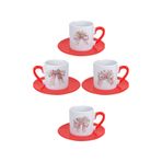 giftkonsept Pembe Çiçekli Fiyonk Baskılı Kırmızı 4'lü Porselen Türk Kahvesi Fincan Takımı, QBTK5763