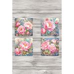 giftkonsept Şakayık Çiçekleri Baskılı 4'lü Set Dekoratif Ahşap Kare Bardak Altlığı, QBBA1114