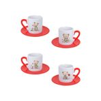 giftkonsept Sevimli Ayıcık Ve Kedi Baskılı Kırmızı 4'lü Porselen Türk Kahvesi Fincan Takımı, QBTK5886