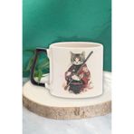 giftkonsept Sevimli Samuray Kedi Baskılı Japon Anime Manga Savaşçı Doğum Günü Hediye Siyah Kulplu Kupa Bardak, QBT5311