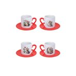 giftkonsept Sevimli Yavru Kedi Baskılı 4'lü Kırmızı Kulplu Porselen Türk Kahvesi Fincan Takımı, QBTK5182