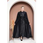 GigiTex HİJAP SİYAH SATEN STANDART BEDEN FERMUARLI OMUZDA BÜZGÜ FIRFIR DETAYLI FERACE BOY 1.50 cm