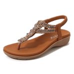 Gikleihwy Kadın tutam parmak sandalet yapay elmas boncuklu bohem elbise Flip-flop gladyatör ayakkabı konfor açık parmak elastik kayış sandalet, braun, 6 UK