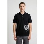 Giotelli Erkek Siyah Dar Kesim Slim Fit %100 Pamuk Dokuma Düğmeli Nakışlı Polo Yaka Tişört