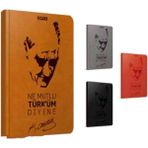 Gıpta Mustafa Kemal Atatürk - Ne Mutlu Türküm Diyene-Iplik Dikiş Sert Kapak Deri Defter 13X21 120 Yaprak Çizgili Ajanda - Gri Kapak Rengi / Lastik Kalemlik