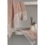 Gipür Dantelli Banyo Havlusu TAKIMI-%100 Pamuk Banyo Seti-Gelin Havlusu-Gül Kurusu - 70 x 140 cm - 50 x 90 cm