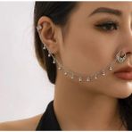 Girift Vintage Yuvarlak Detaylı Kulak ve Burun Zinciri - Hint Hızması - Gümüş