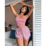 Giyim Kadın Pembe Çizgili Desen Askılı Şortlu Pijama Takım 9002 Beruflic - L - XL