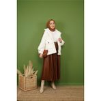 Giyim Odası Kadın Deri Görünümlü Taba Renk Piliseli Etek Uzun Beli Lastikli Örme Kumaş