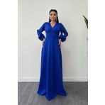 giyimmasalı Krep Kumaş Kolları Tül Abiye Elbise - SAKS MAVİ